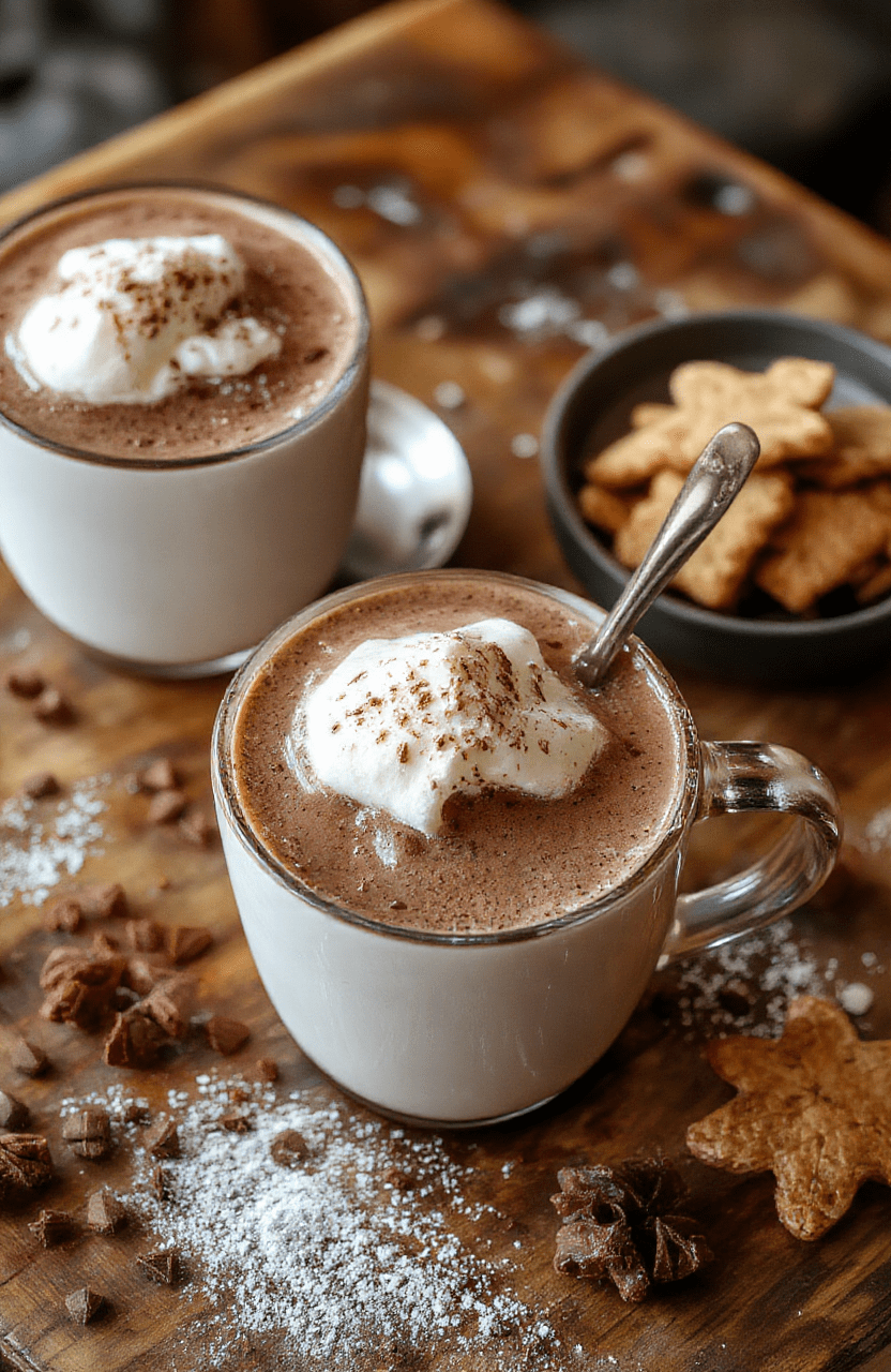 A steaming mug of rich hot chocolate topped with whipped cream and sprinkled with cocoa powder, surrounded by marshmallows and cinnamon sticks, in a cozy setting with a wooden table and holiday accents.