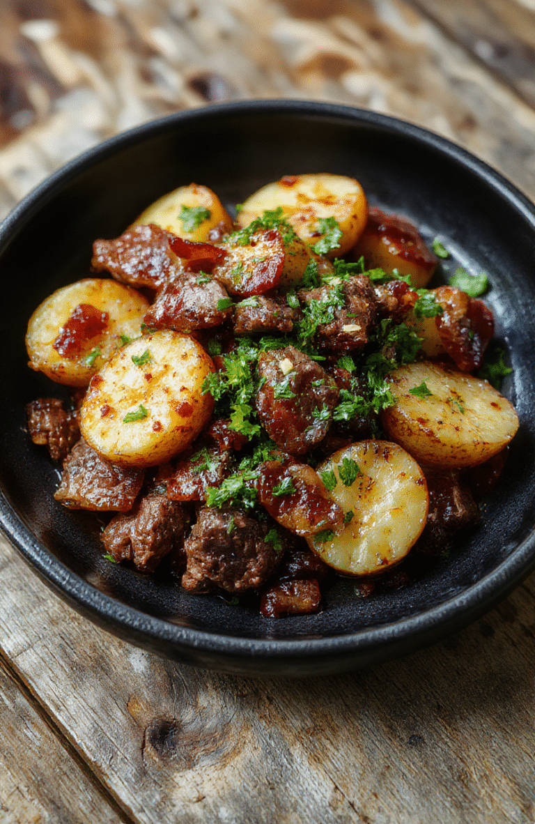 A rustic plate featuring golden roasted potatoes topped with crispy bacon slices and tender beef strips, garnished with fresh herbs, surrounded by a warm, cozy kitchen setting.