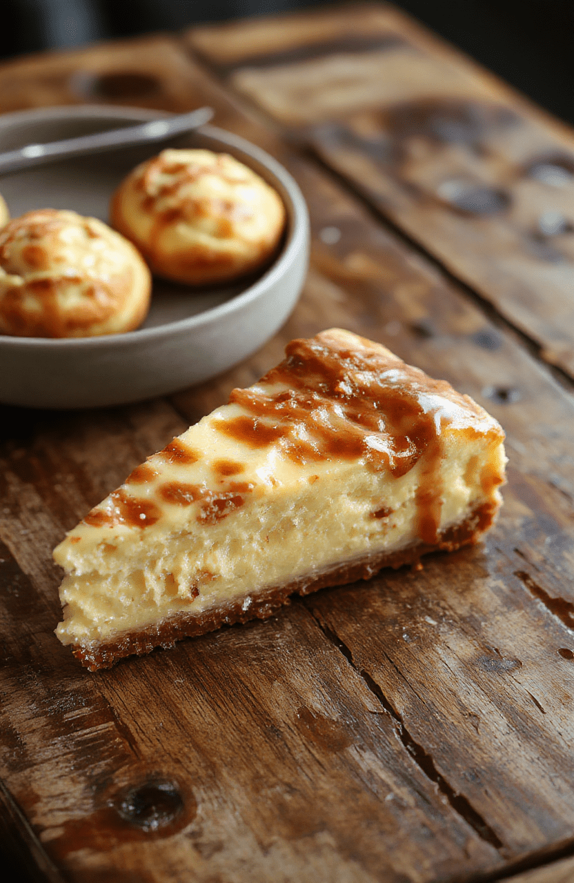 A vibrant slice of churro cheesecake on a white plate, topped with cinnamon sugar and drizzled with caramel, with crunchy churro pieces garnishing the top, styled with a rustic wooden background featuring a fork and dollop of whipped cream.