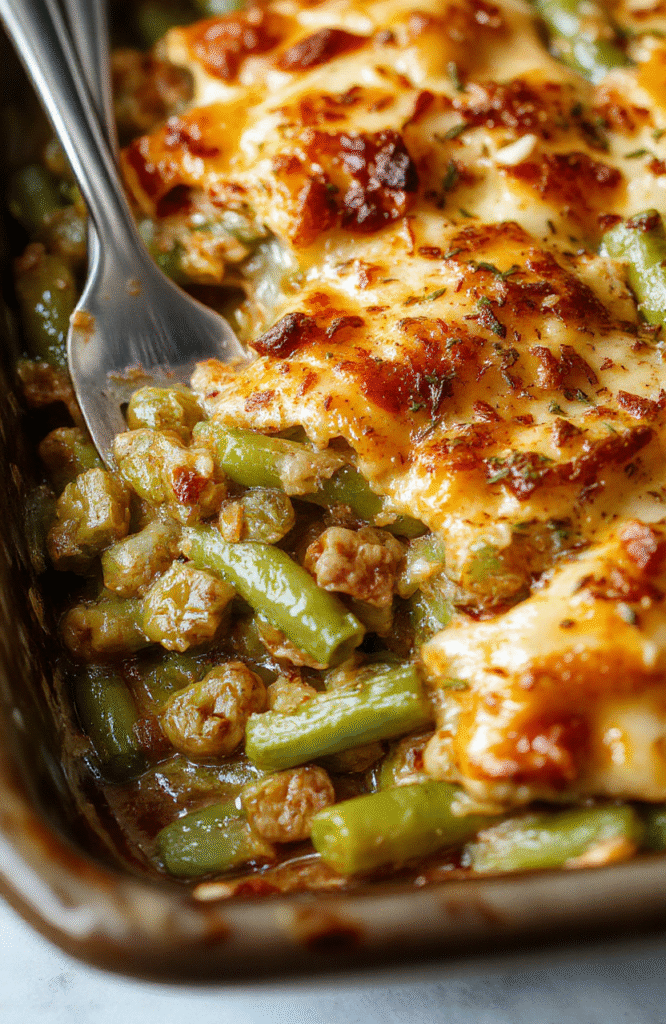 A vibrant green bean casserole in a rustic ceramic dish, topped with crispy fried onions, garnished with fresh herbs, with a creamy sauce visible around the green beans, styled on a wooden table with a cozy holiday atmosphere.