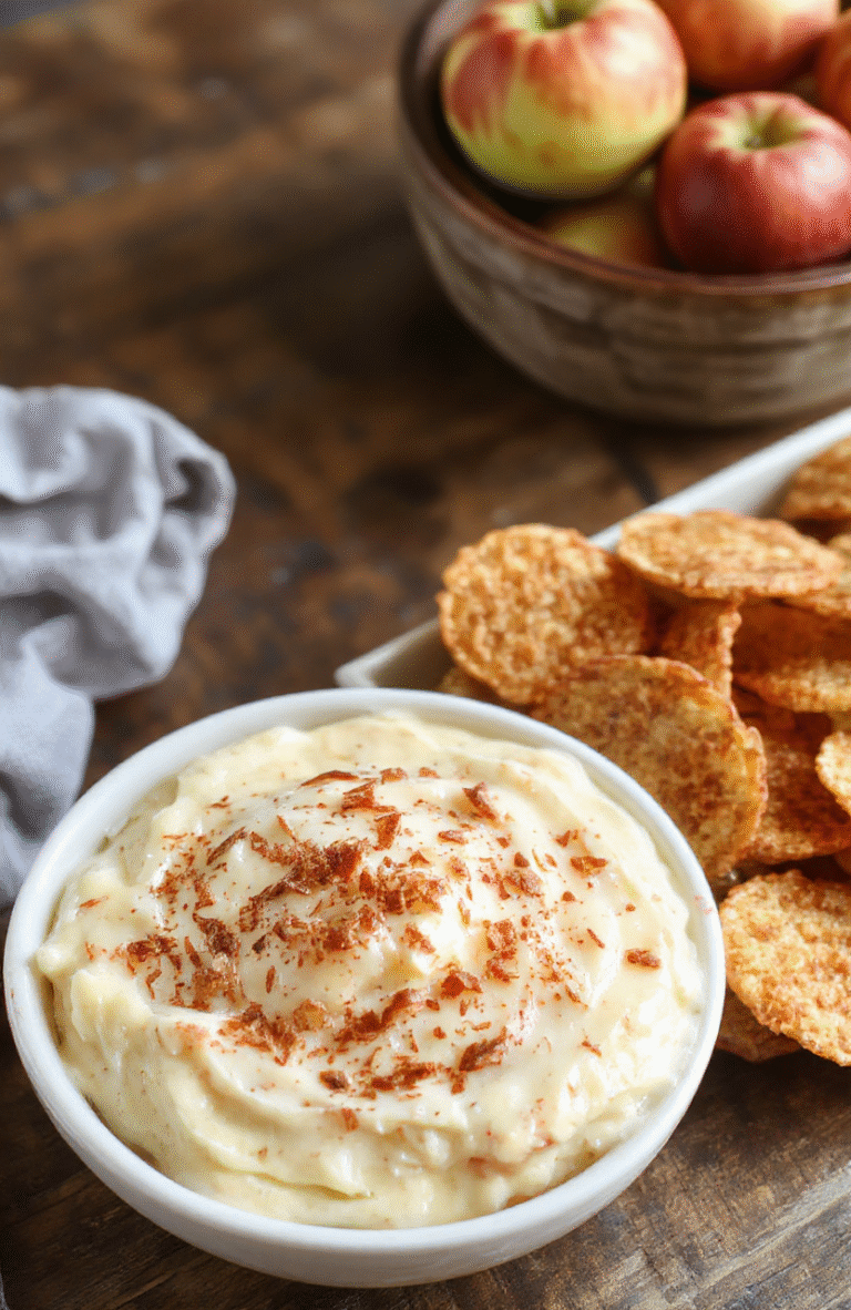 A vibrant bowl of apple cinnamon dip topped with cinnamon sugar, surrounded by crispy cinnamon chips on a rustic wooden table, with fresh apple slices and a sprinkle of cinnamon for garnish.