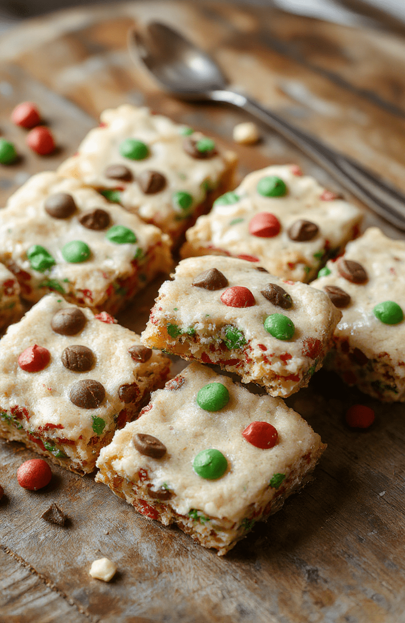 Colorful Christmas cookie bars stacked on a rustic wooden surface, topped with sprinkles, icing, and festive decorations, with a hint of melted chocolate and cookie crumble textures, styled with holiday-themed napkins and ornaments.