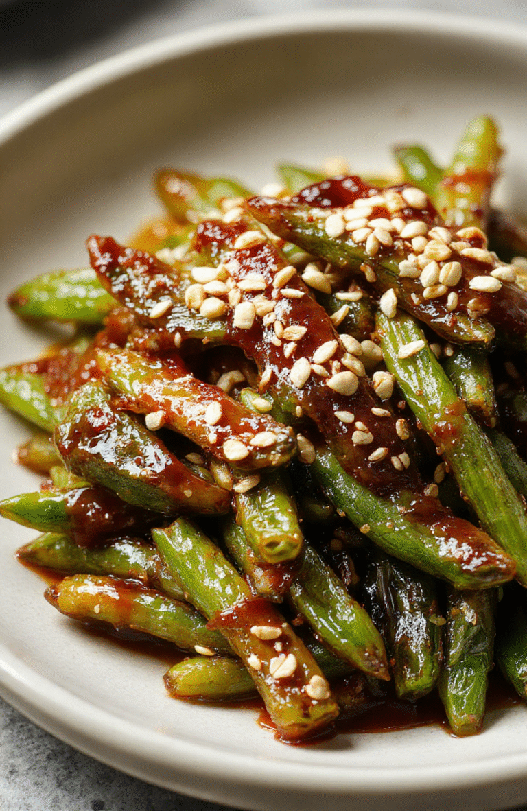A vibrant plate of crack green beans featuring bright green beans coated with a crispy, caramelized topping, garnished with sesame seeds and chopped herbs, styled simply on a rustic white plate with a wooden background, emphasizing the glossy texture and flavorful appeal.