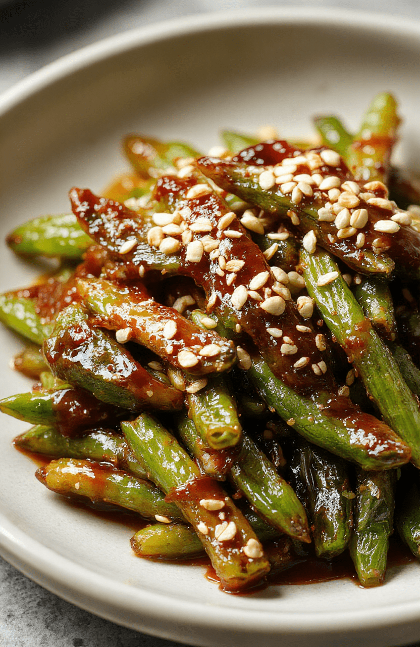 A vibrant plate of crack green beans featuring bright green beans coated with a crispy, caramelized topping, garnished with sesame seeds and chopped herbs, styled simply on a rustic white plate with a wooden background, emphasizing the glossy texture and flavorful appeal.