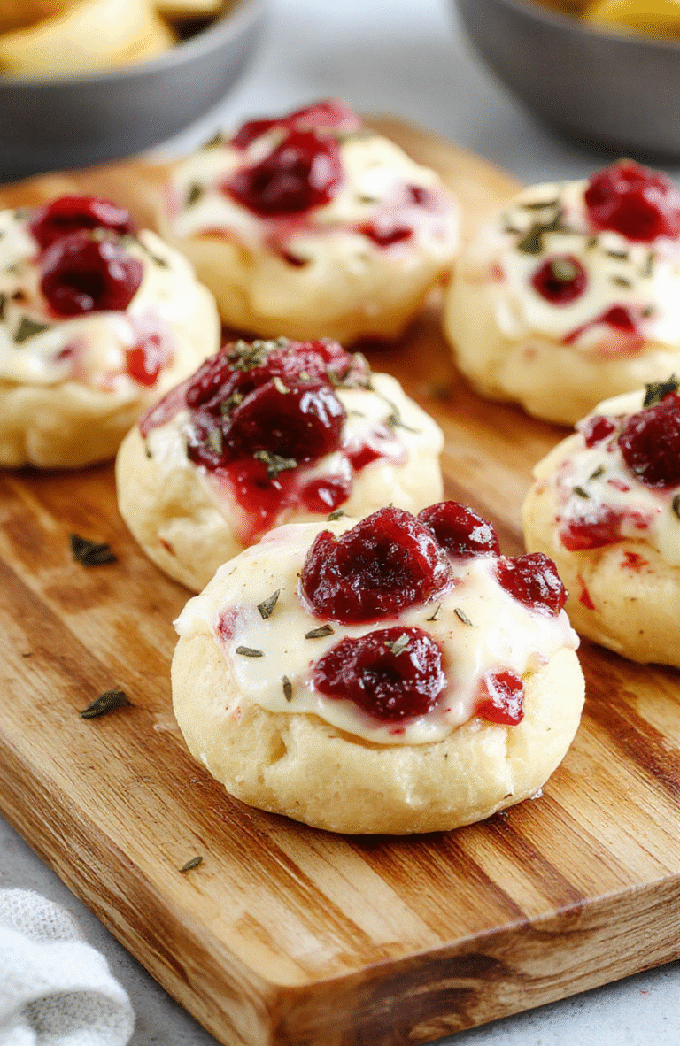 A vibrant platter of golden puff pastry cups filled with creamy Brie cheese and topped with bright red cranberry sauce, garnished with fresh thyme, arranged on a white serving tray with a festive holiday backdrop.