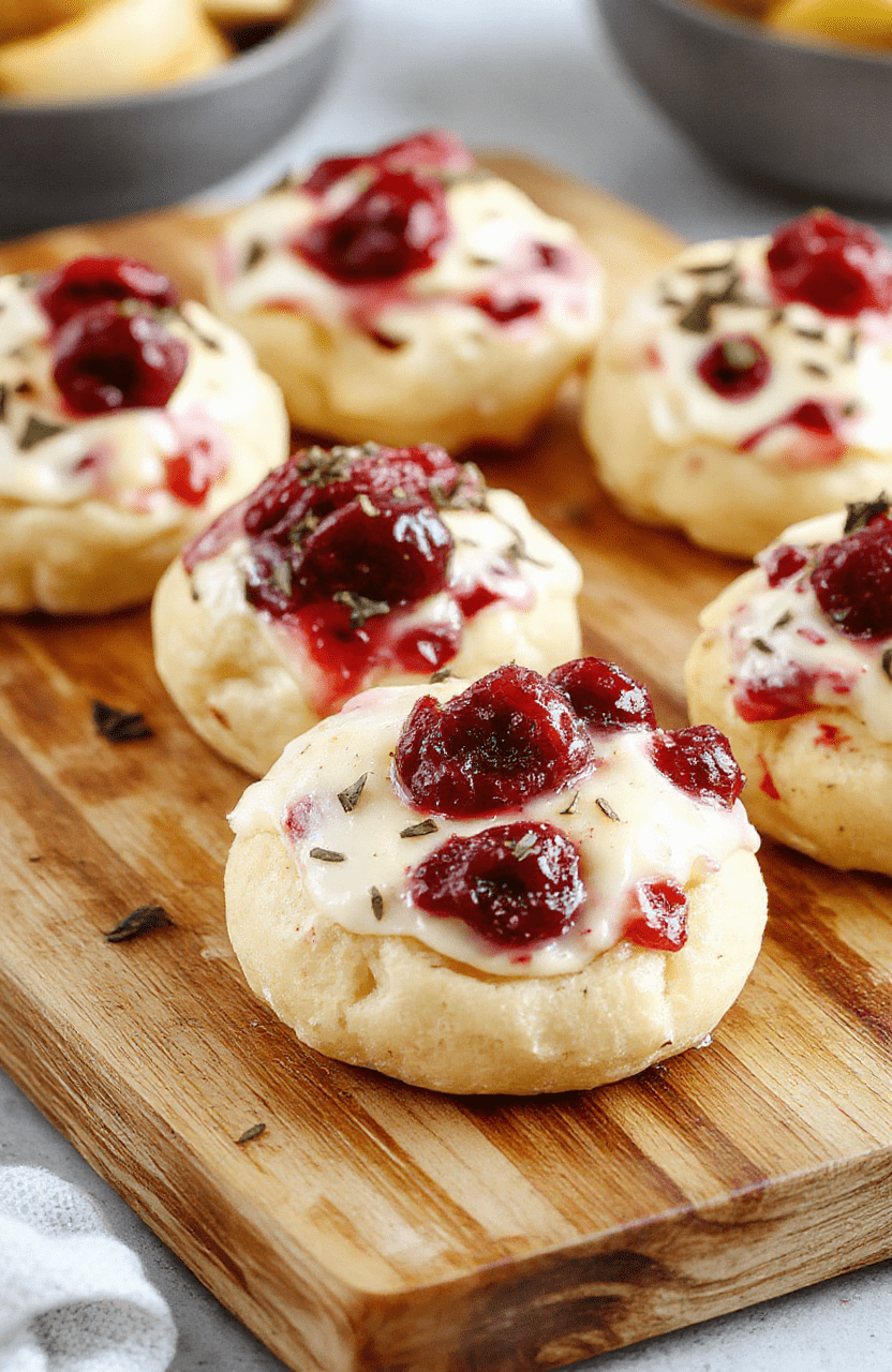 A vibrant platter of golden puff pastry cups filled with creamy Brie cheese and topped with bright red cranberry sauce, garnished with fresh thyme, arranged on a white serving tray with a festive holiday backdrop.