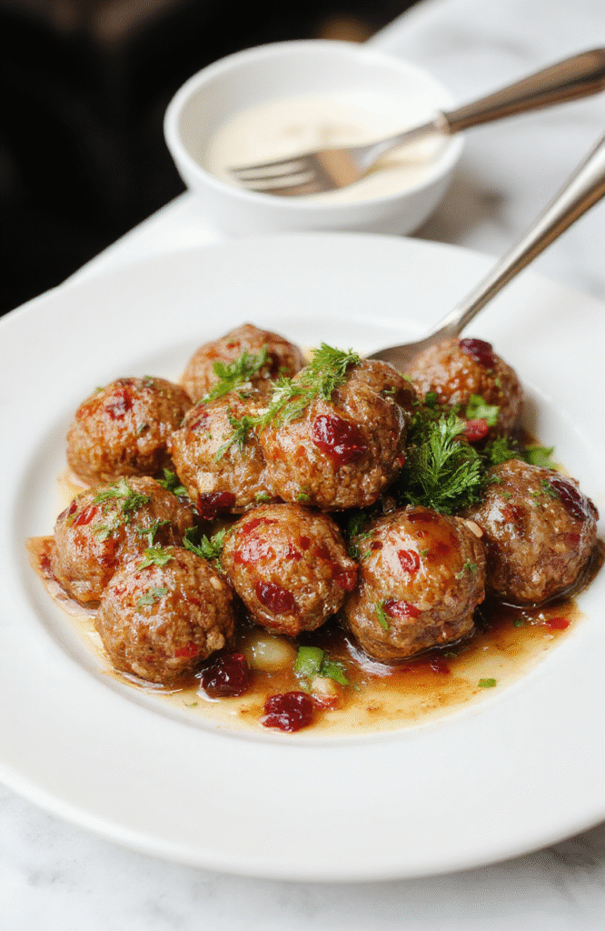 Colorful meatballs glazed with sticky cranberry sauce arranged on a white plate, garnished with fresh parsley, with a festive red and green background, glossy sauce textures, and vibrant seasonal colors.