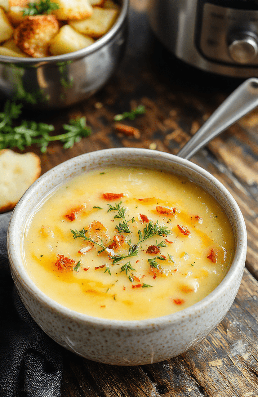A creamy bowl of crock pot potato soup topped with chopped green onions and crispy bacon crumbles, served on a rustic wooden table with a spoon, vibrant yellow and white tones highlighting the rich texture and hearty ingredients.