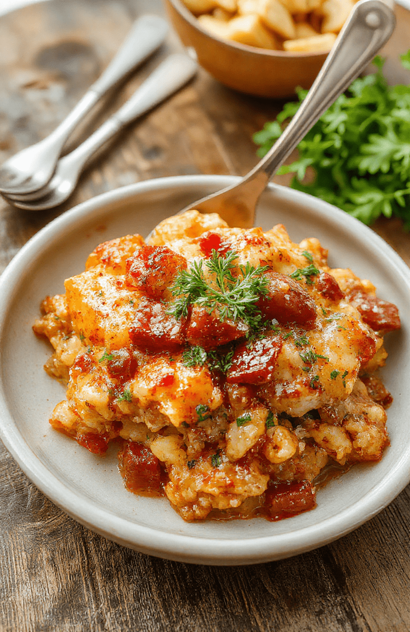 A colorful hobo casserole served in a rustic baking dish with layers of seasoned vegetables, ground beef, and melted cheese, garnished with fresh herbs, presented on a wooden table with a casual yet inviting style.