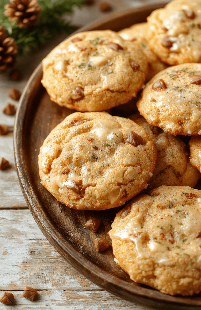 A close-up of glossy gooey Christmas butter cookies arranged on a festive holiday plate. The cookies are golden with a shiny glaze, speckled with colorful sprinkles, and decorated with edible glitter. They are stacked neatly, showcasing their soft texture and melty centers, with a blurred holiday background that includes pine branches, red ribbons, and Christmas ornaments.