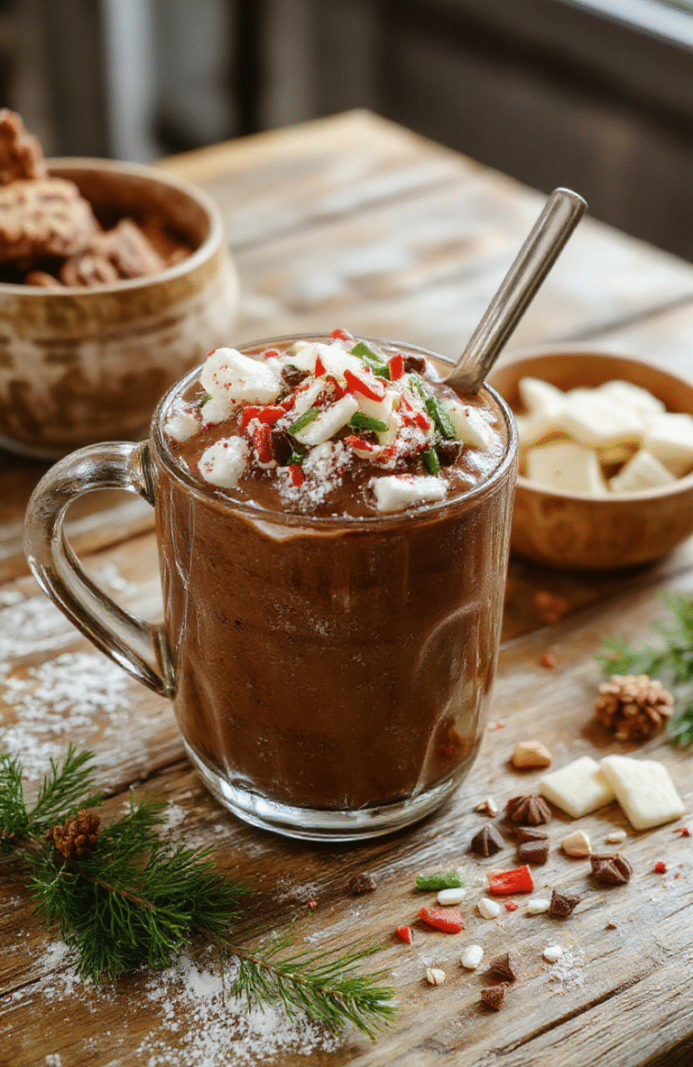 A colorful hot chocolate bar spread featuring cups of rich melted chocolate, marshmallows, whipped cream, sprinkles, and cinnamon sticks on a rustic wooden table, with cozy holiday decorations in the background