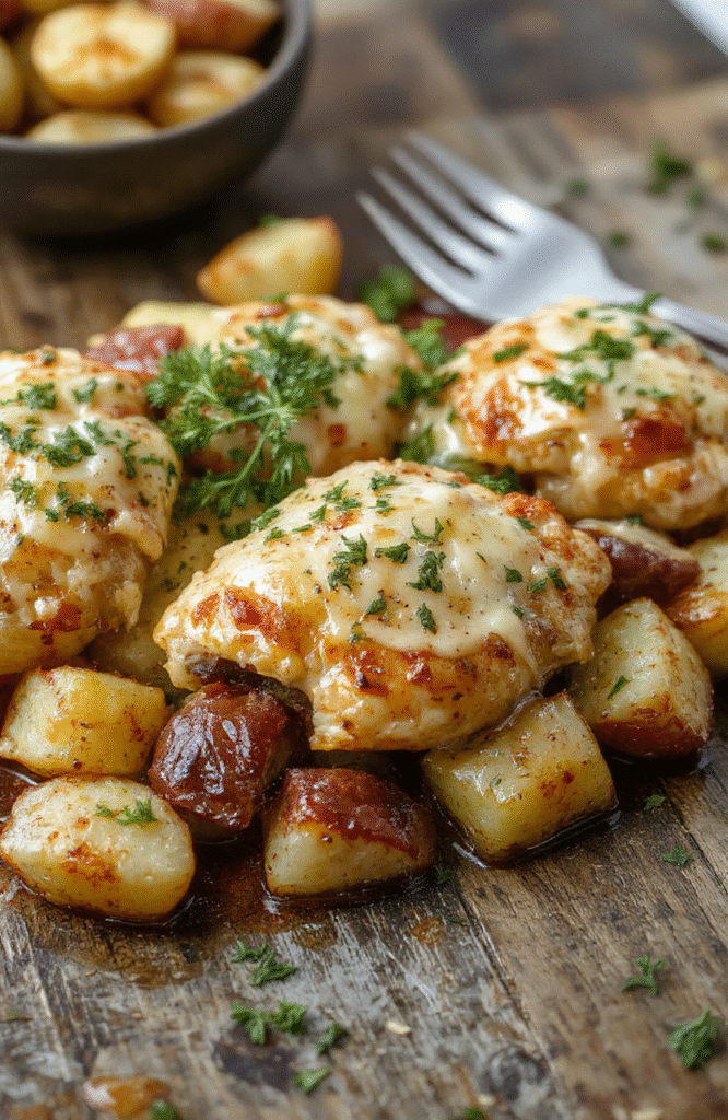 Colorful dish featuring golden-brown chicken breasts topped with melted Parmesan cheese and crispy garlic-seasoned potatoes, plated on a rustic wooden surface with fresh herbs scattered around, textures of crispy edges and tender meat visible, styled simply for a cozy home dinner.