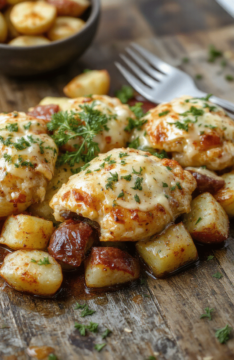 Colorful dish featuring golden-brown chicken breasts topped with melted Parmesan cheese and crispy garlic-seasoned potatoes, plated on a rustic wooden surface with fresh herbs scattered around, textures of crispy edges and tender meat visible, styled simply for a cozy home dinner.