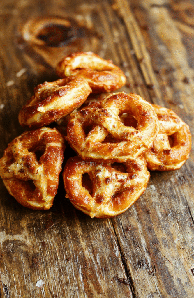 Colorful pretzel bites topped with melted Rolo chocolates and sprinkled with sea salt, beautifully arranged on a white plate, showing shiny caramel centers and crunchy pretzels, with a rustic wooden background and soft natural lighting emphasizing the textures.