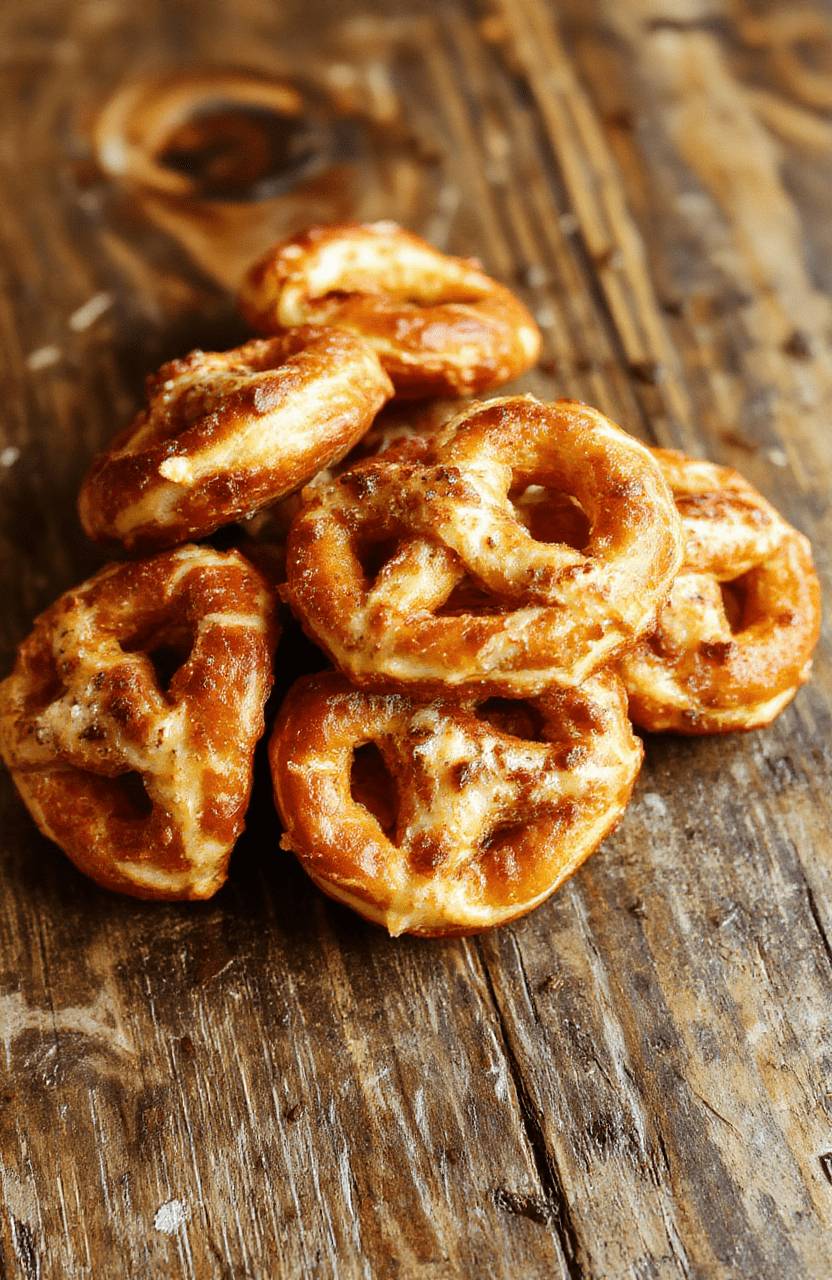 Colorful pretzel bites topped with melted Rolo chocolates and sprinkled with sea salt, beautifully arranged on a white plate, showing shiny caramel centers and crunchy pretzels, with a rustic wooden background and soft natural lighting emphasizing the textures.