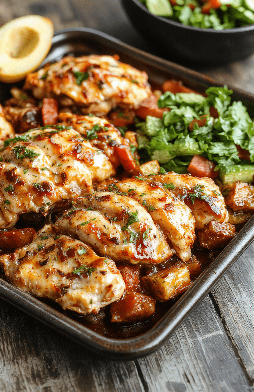 Colorful chicken fajitas with vibrant red and green bell peppers, onions, and seasoned chicken strips arranged neatly on a rustic white plate, garnished with fresh cilantro. The dish showcases tender, juicy chicken and crisp vegetables with a slight char, all styled simply on a wooden surface with a warm, inviting atmosphere.