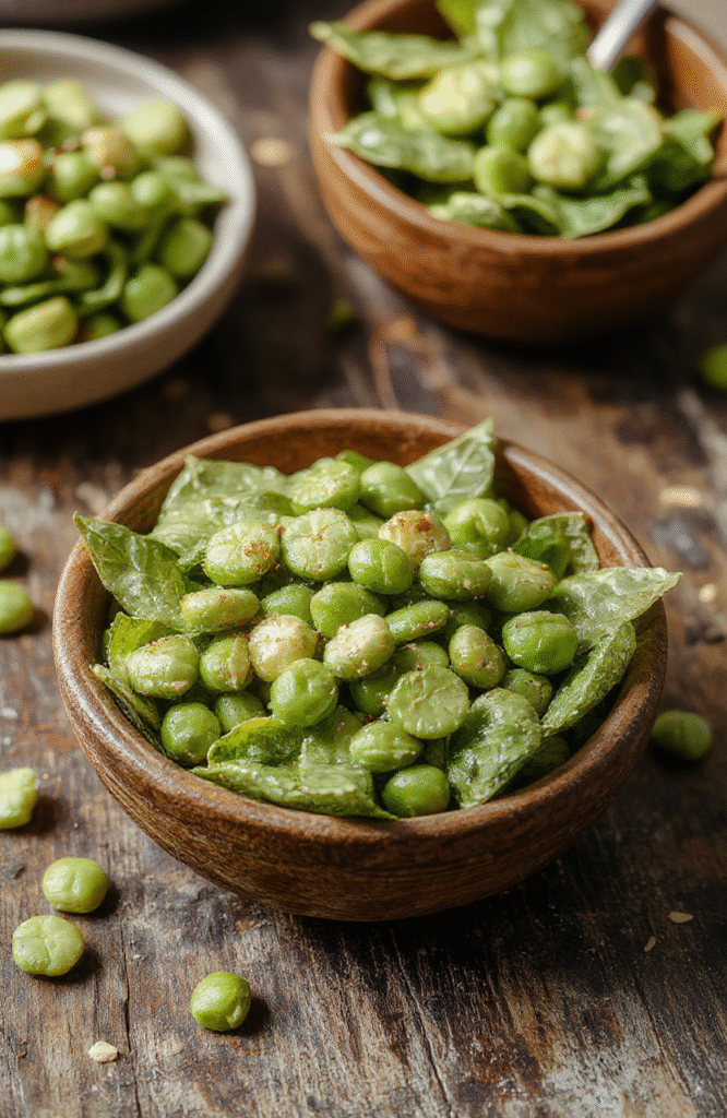 A vibrant plate of cooked green peas garnished with fresh herbs, served alongside holiday-themed dishes on a rustic wooden table, with colorful napkins and seasonal decorations in the background, highlighting the glossy texture and bright green color of the peas.