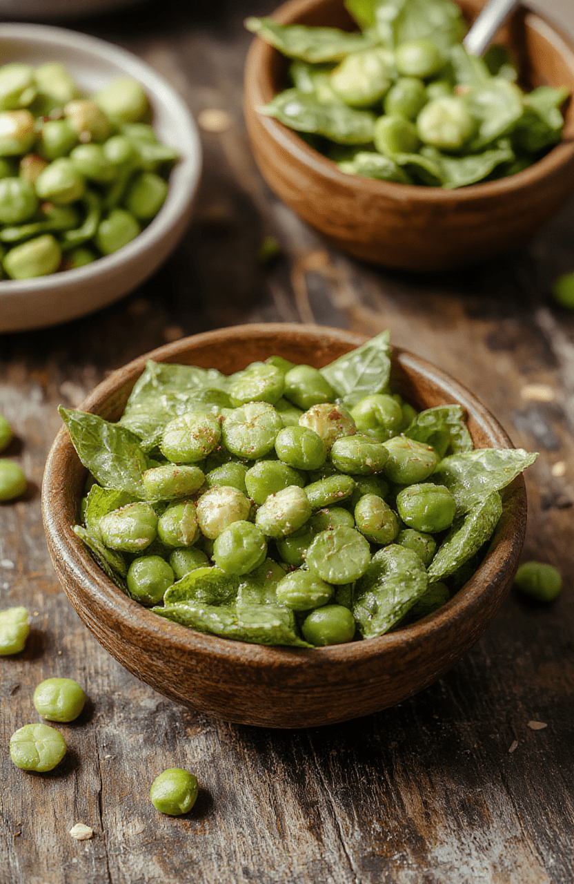 A vibrant plate of cooked green peas garnished with fresh herbs, served alongside holiday-themed dishes on a rustic wooden table, with colorful napkins and seasonal decorations in the background, highlighting the glossy texture and bright green color of the peas.