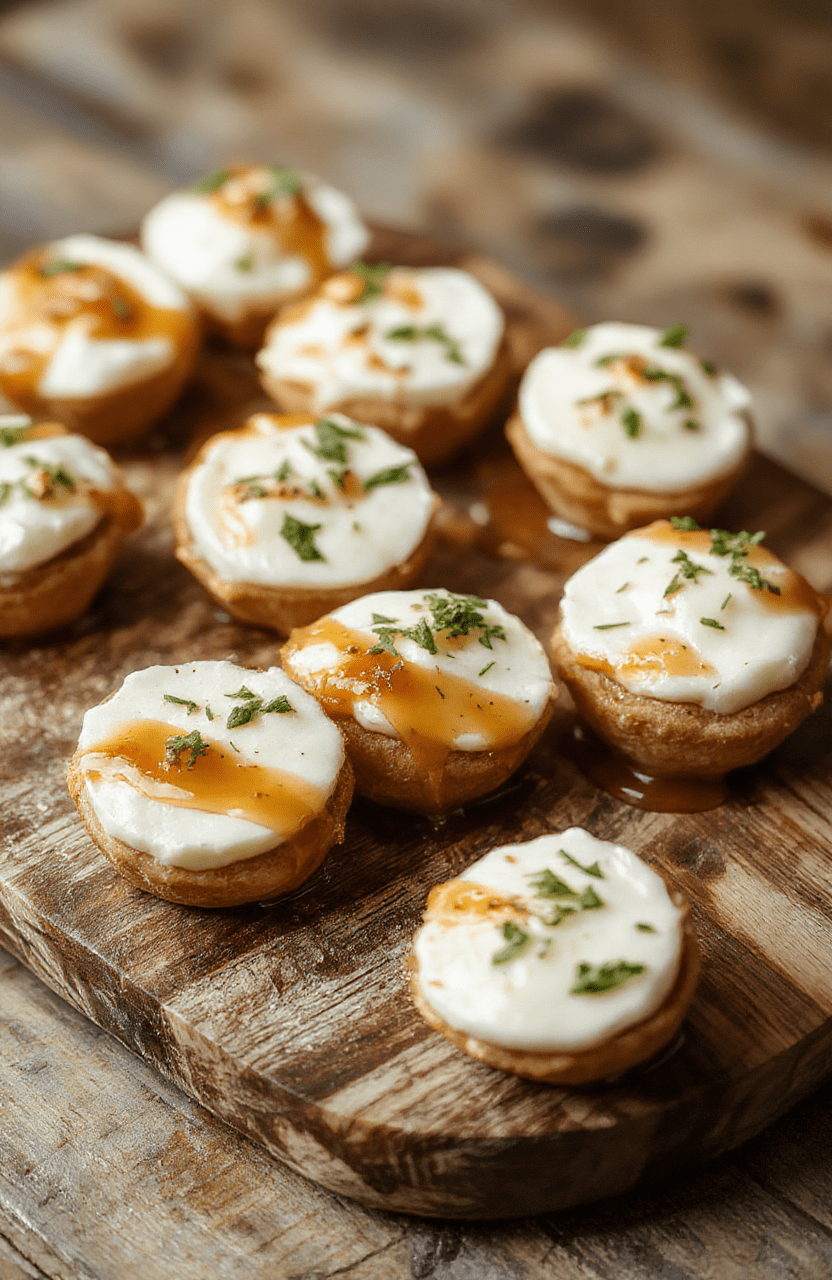 Colorful goat cheese honey bites arranged neatly on a rustic wooden platter, topped with fresh herbs and drizzled with honey, showcasing creamy textures and vibrant garnishes, styled casually with a soft natural light highlighting the glossy honey and smooth cheese.