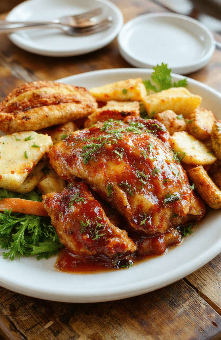 A beautifully arranged Southern Thanksgiving feast featuring glazed turkey, buttery cornbread stuffing, green beans, and sweet potato casserole, all plated on a rustic wooden table with fall decor, vibrant colors, and textures highlighting the hearty, comforting dishes.