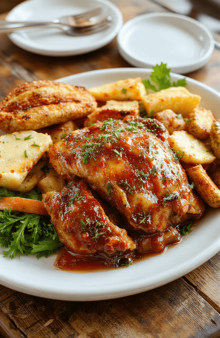 A beautifully arranged Southern Thanksgiving feast featuring glazed turkey, buttery cornbread stuffing, green beans, and sweet potato casserole, all plated on a rustic wooden table with fall decor, vibrant colors, and textures highlighting the hearty, comforting dishes.