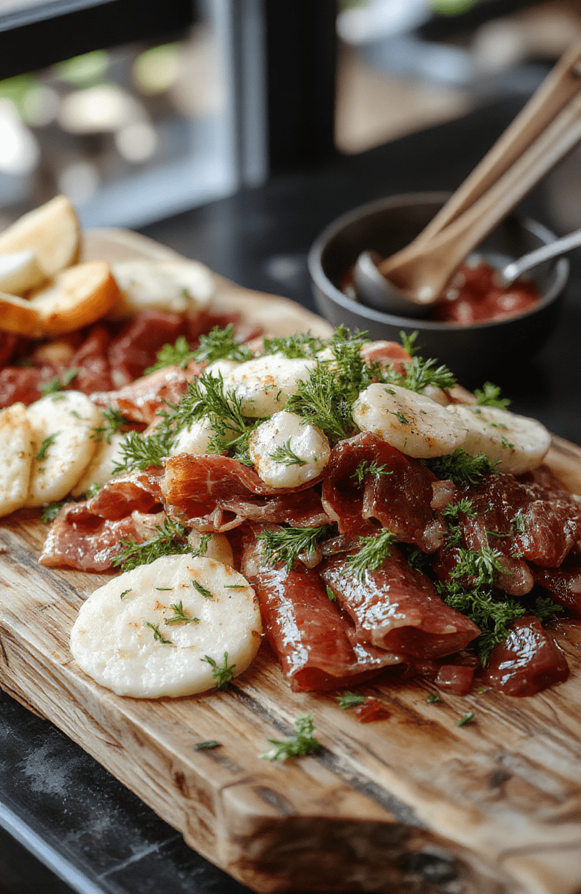 Colorful assortment of thinly sliced cured meats arranged in floral patterns on a wooden platter, garnished with fresh herbs, figs, and cheese, with a rustic background and natural light highlighting textures.