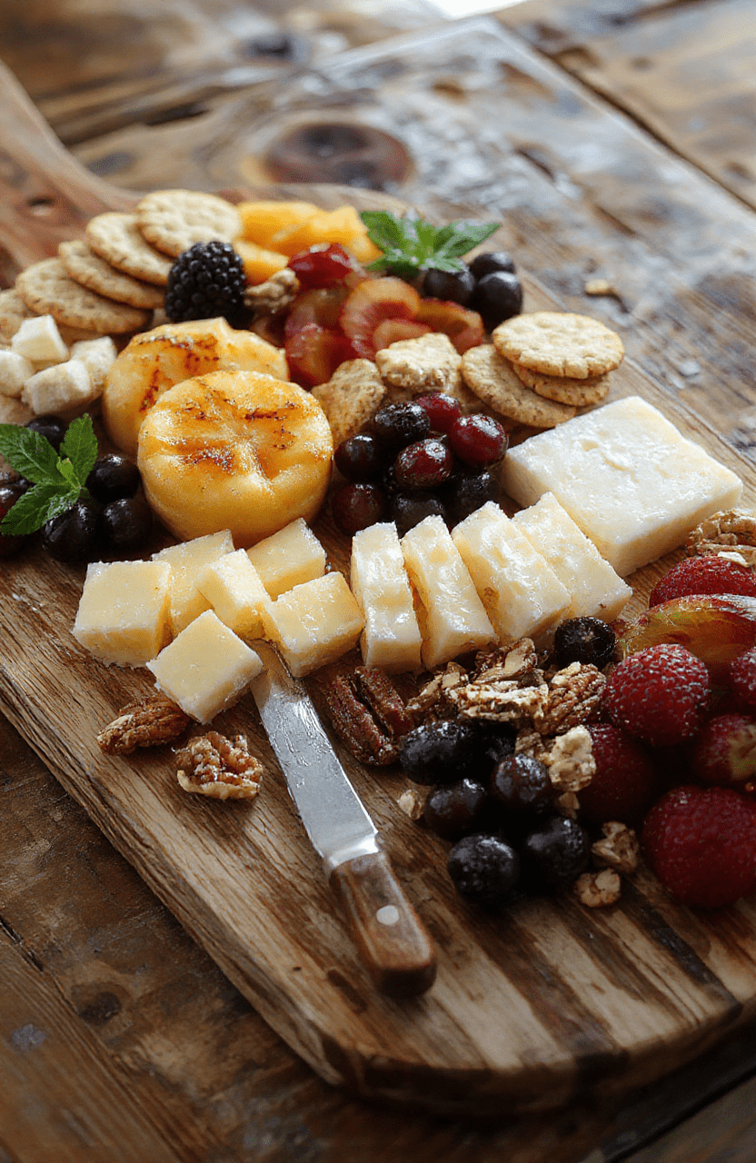 A beautifully arranged cheese board featuring a variety of cheeses, fresh fruits, nuts, and artisanal crackers, styled with elegant serving utensils on a rustic wooden surface, with vibrant colors and textures highlighted.
