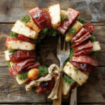 Colorful charcuterie wreath featuring an array of cured meats, cheeses, fresh fruits, nuts, and herbs artfully arranged in a circular wreath shape on a white platter, garnished with rosemary sprigs and berries, vibrant reds, greens, and creamy yellows, styled simply for an inviting holiday presentation.