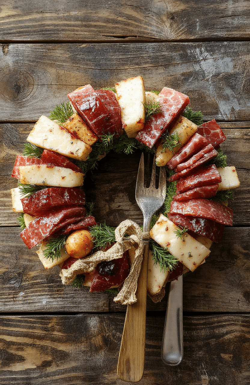 Colorful charcuterie wreath featuring an array of cured meats, cheeses, fresh fruits, nuts, and herbs artfully arranged in a circular wreath shape on a white platter, garnished with rosemary sprigs and berries, vibrant reds, greens, and creamy yellows, styled simply for an inviting holiday presentation.
