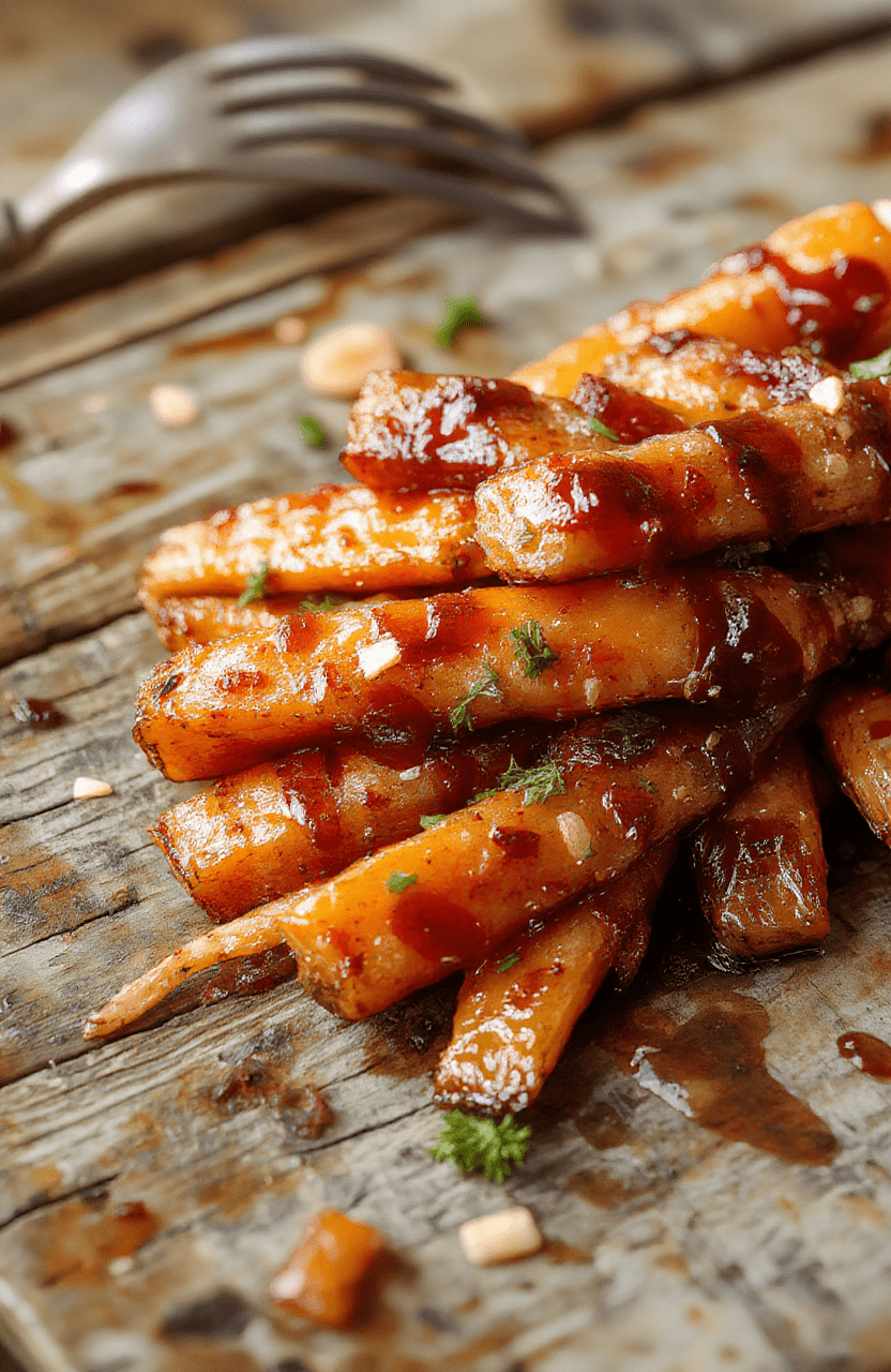 Colorful glazed carrots arranged on a white plate with a glossy caramelized finish, garnished with fresh herbs, styled with a rustic wooden background, beautifully lit with natural daylight, showcasing vibrant orange hues and shiny glaze textures.