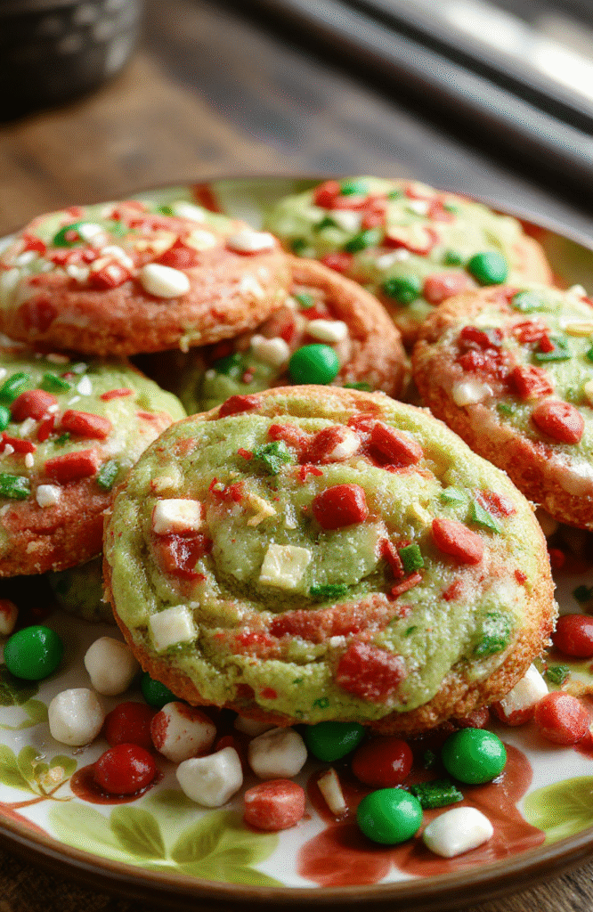 Colorful festive Grinch cookies on a holiday-themed plate with red and green icing, sprinkles, and candy accents arranged beautifully, with a blurred holiday background.