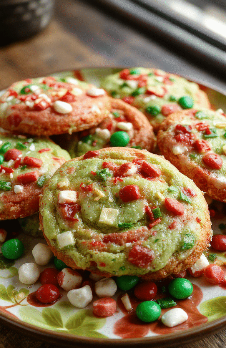Colorful festive Grinch cookies on a holiday-themed plate with red and green icing, sprinkles, and candy accents arranged beautifully, with a blurred holiday background.