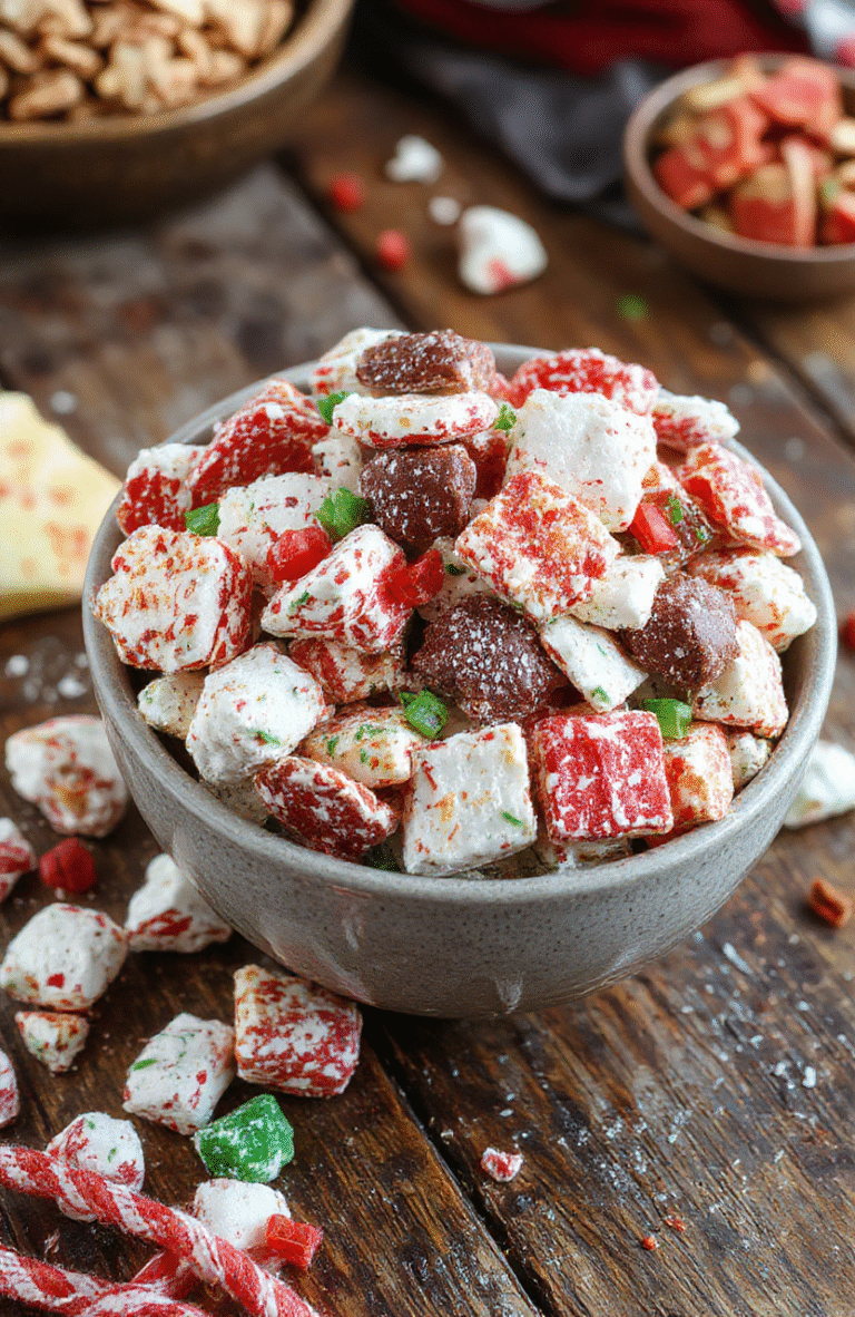 Colorful Christmas puppy chow scattered across a rustic wooden table, featuring powdered sugar coated cereal with vibrant red and green candies, styled in a cheerful holiday setting with a star-shaped cookie cutter in the background.