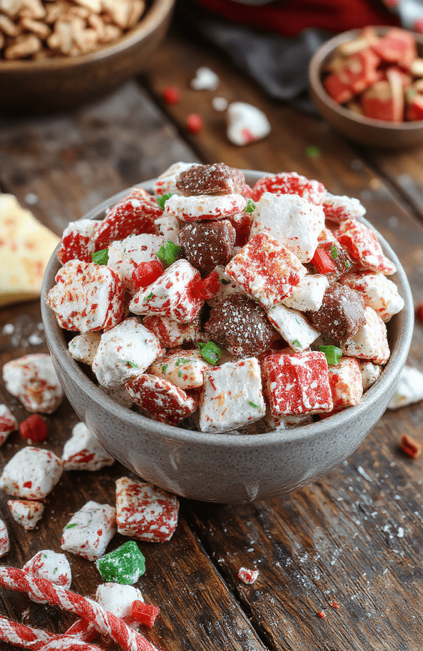 Colorful Christmas puppy chow scattered across a rustic wooden table, featuring powdered sugar coated cereal with vibrant red and green candies, styled in a cheerful holiday setting with a star-shaped cookie cutter in the background.