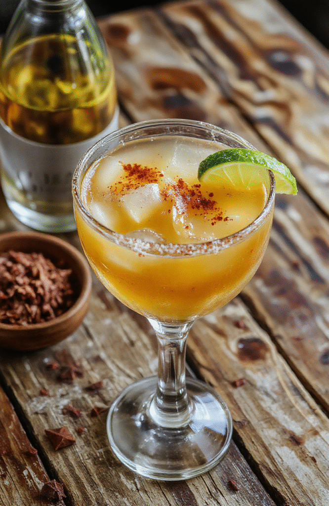 A vibrant red and orange Scott Margarita with a salted rim, garnished with a cinnamon stick and orange slice, surrounded by holiday ornaments and pine needles, styled on a rustic wooden table with soft, natural daylight highlighting the spices and citrus, creating a cozy and festive atmosphere