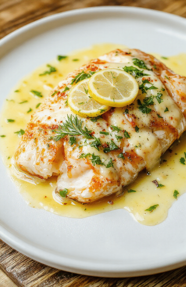 A golden, flaky baked cod fillet topped with a vibrant lemon coconut cream sauce, garnished with fresh herbs on a rustic white plate, surrounded by slices of lemon and coconut flakes, with a softly blurred wooden table background.