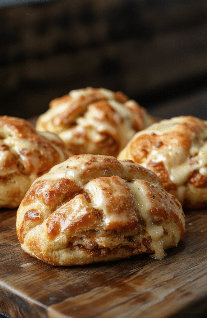 Golden flaky croissants filled with tender beef and melted cheese, arranged on a rustic wooden platter with fresh herbs and creamy dips, styled simply for inviting brunch appeal