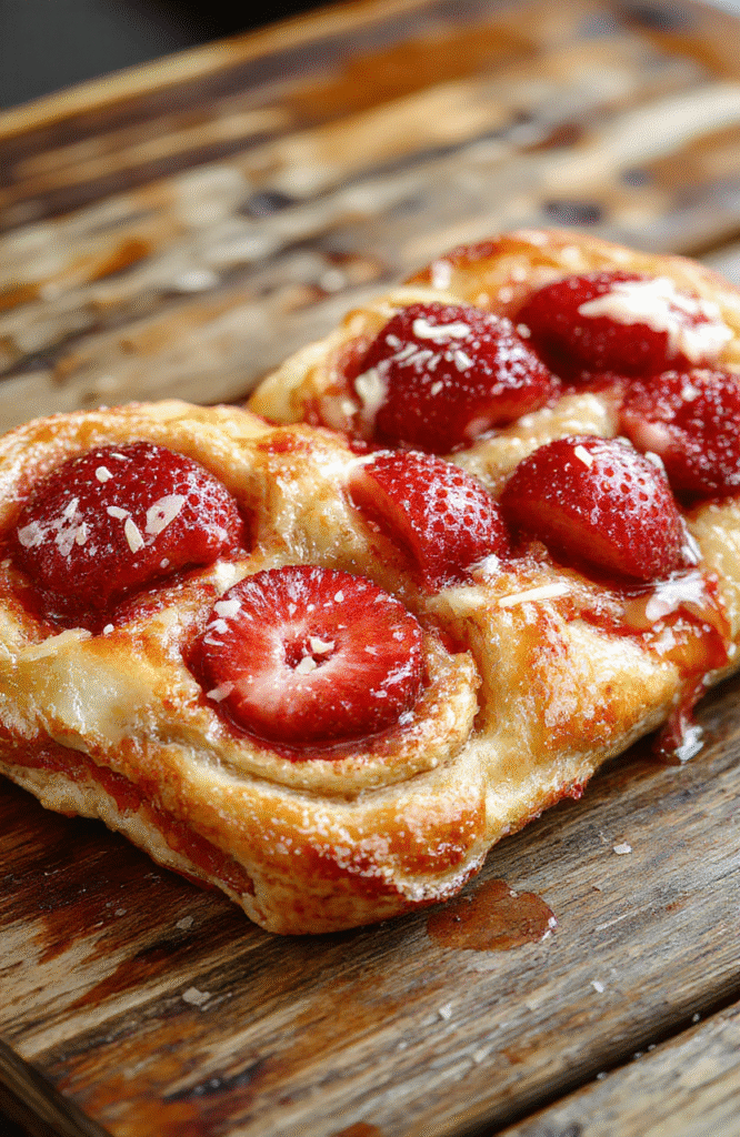 A golden flaky Danish pastry topped with fresh sliced strawberries and a light dusting of powdered sugar, beautifully arranged on a rustic wooden plate with a creamy filling peeking through the flaky layers.
