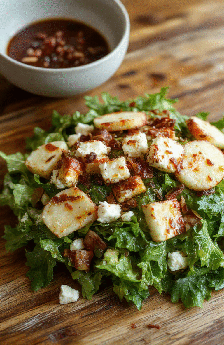 A vibrant bowl of apple feta salad featuring crisp apple slices, crumbly feta cheese, mixed greens, and toasted walnuts, all beautifully arranged with a drizzle of honey vinaigrette, surrounded by seasonal fall decor in warm tones.