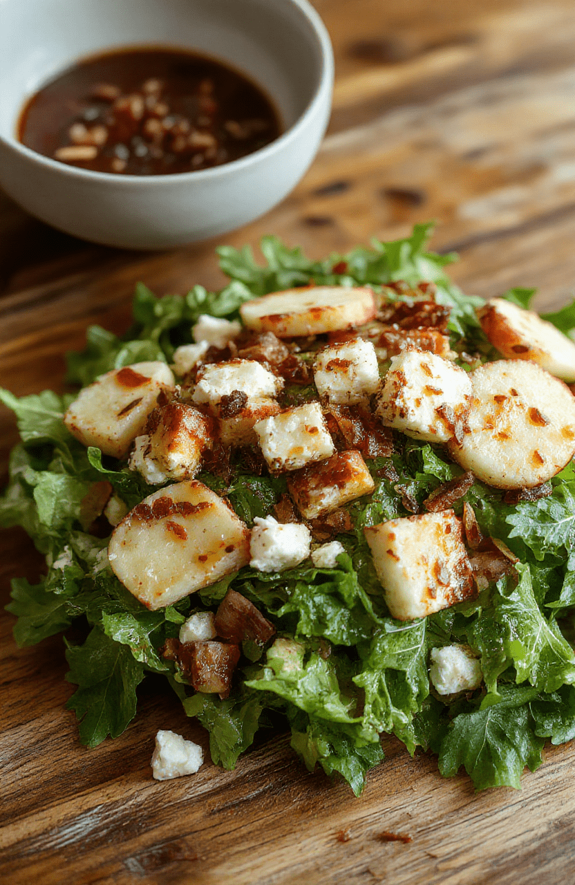 A vibrant bowl of apple feta salad featuring crisp apple slices, crumbly feta cheese, mixed greens, and toasted walnuts, all beautifully arranged with a drizzle of honey vinaigrette, surrounded by seasonal fall decor in warm tones.