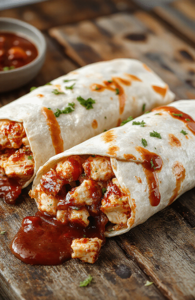 Colorful BBQ chicken wraps plated neatly on a white dish, garnished with fresh greens and a side of dipping sauce. The wraps are filled with shredded BBQ chicken, crisp lettuce, and melted cheese, showcasing vibrant colors and textures, styled casually for a cozy meal vibe.