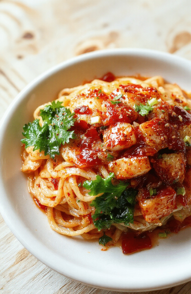 Colorful japchae noodles in a white ceramic bowl, topped with sliced beef, vibrant vegetables like carrots and spinach, garnished with sesame seeds and sliced green onions, glossy and inviting textures with a mix of tender noodles and crispy vegetables, styled simply for an approachable look.