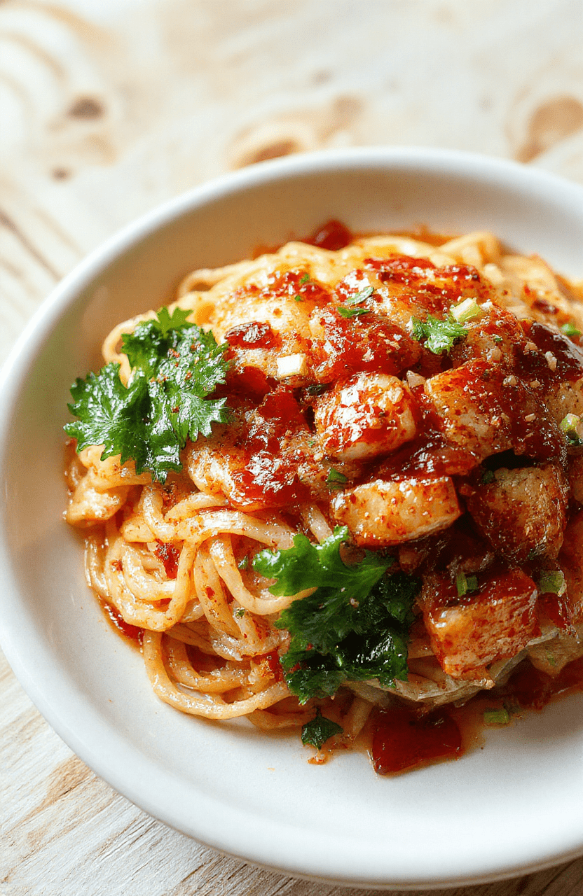Colorful japchae noodles in a white ceramic bowl, topped with sliced beef, vibrant vegetables like carrots and spinach, garnished with sesame seeds and sliced green onions, glossy and inviting textures with a mix of tender noodles and crispy vegetables, styled simply for an approachable look.