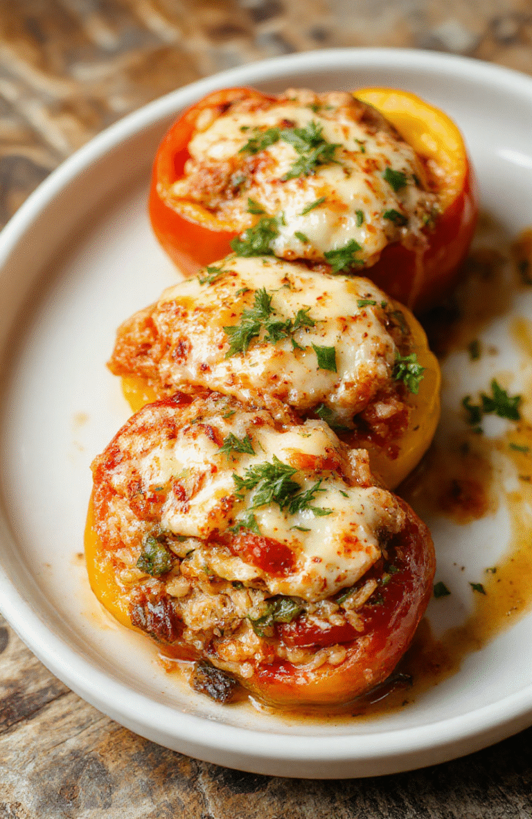 Colorful stuffed bell peppers on a white plate with vibrant yellow and red bell peppers filled with seasoned rice, vegetables, and melted cheese, presented on a rustic wooden table with natural daylight highlighting the textures and colors.