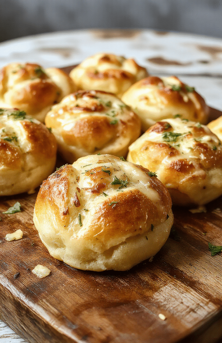 Golden-brown garlic rolls stacked on a rustic wooden surface, with visible garlic and herbs for a textured, inviting look, perfect for a cozy meal presentation.
