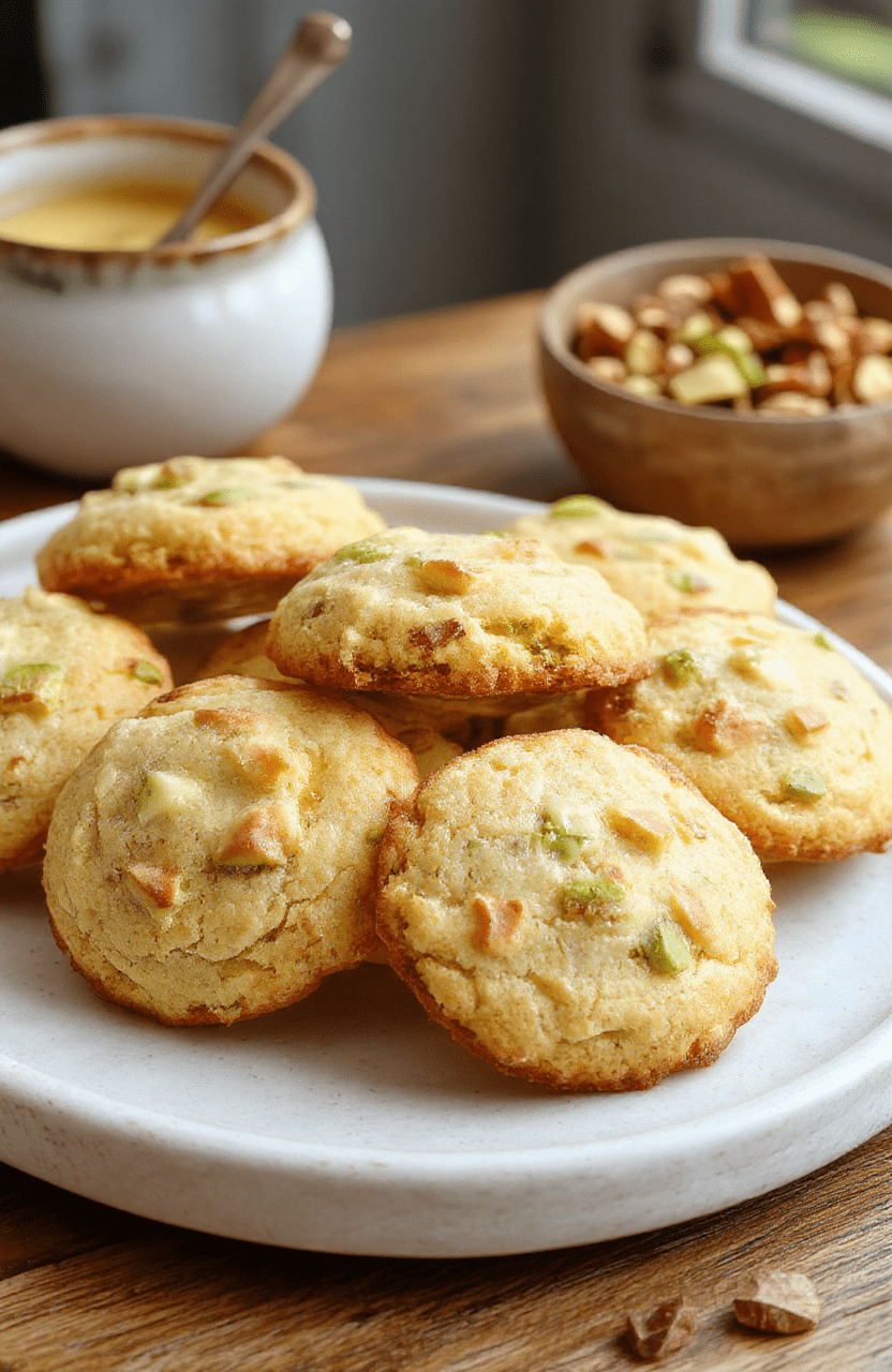 A plate of fluffy pistachio cookies with a light green hue, artfully arranged on a rustic white platter. The cookies are soft and textured, topped with chopped pistachios and a drizzle of glaze. The background features a pastel-colored tablecloth with spring flowers, creating a fresh and inviting scene that highlights the delicate and moist crumb of the cookies.