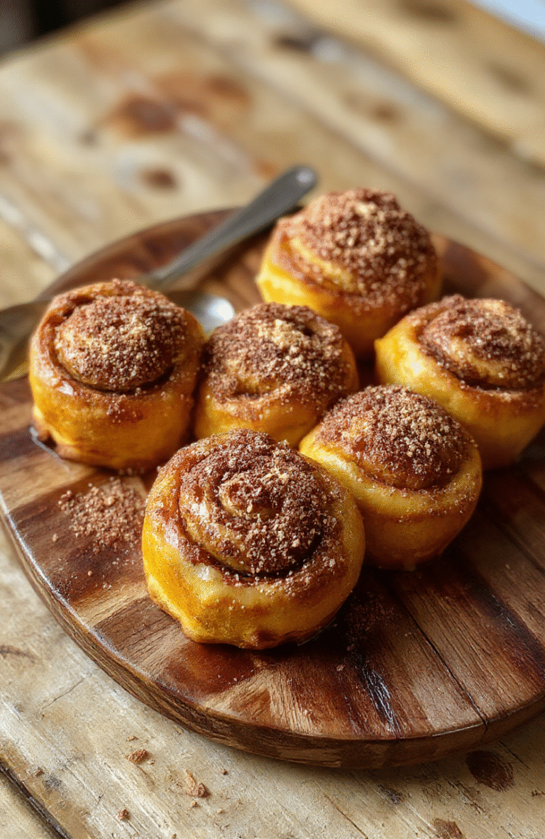 A close-up of fluffy, golden pumpkin rolls topped with a light dusting of cinnamon sugar, arranged on a rustic wooden platter with a cinnamon stick and sprigs of fresh thyme for garnish, showcasing their soft, spongy texture and warm fall hues.