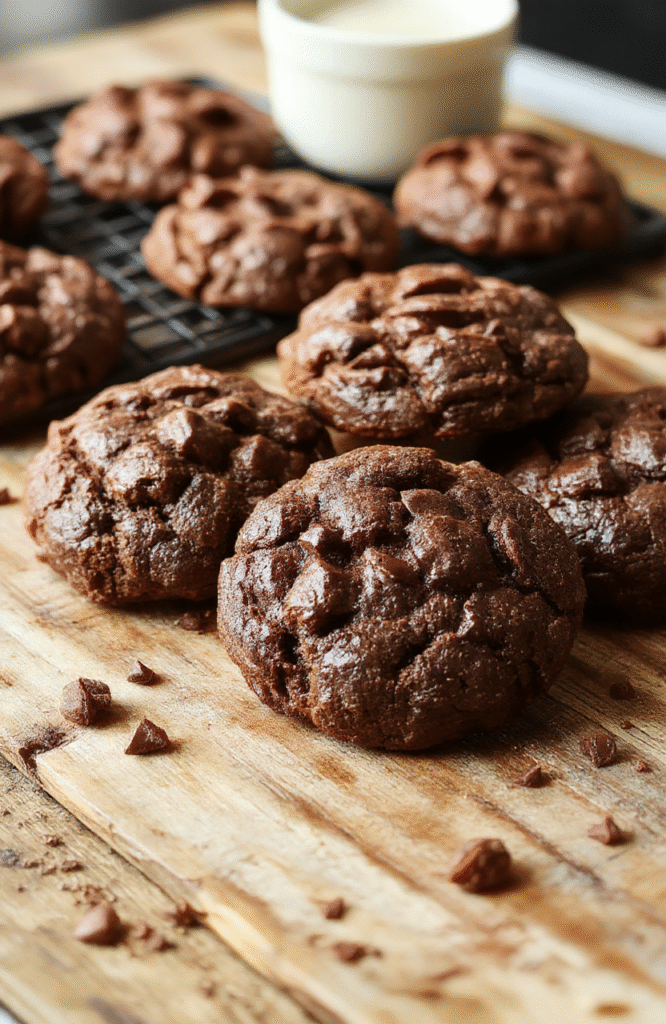 A close-up of dark chocolate brownie cookies with a glossy, crackly top, slightly cracked edges, and a dense, fudgy interior, arranged on a rustic wooden surface with a few crumbs scattered around, styled simply with soft natural lighting.