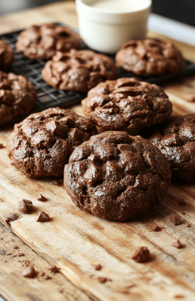 A close-up of dark chocolate brownie cookies with a glossy, crackly top, slightly cracked edges, and a dense, fudgy interior, arranged on a rustic wooden surface with a few crumbs scattered around, styled simply with soft natural lighting.