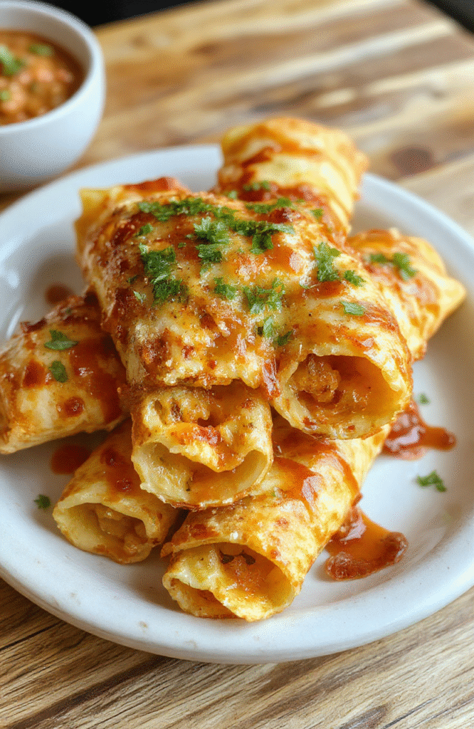 Golden crispy taquitos arranged on a rustic white plate, garnished with fresh cilantro and sliced jalapenos. The taquitos have a flaky, crunchy exterior and are filled with seasoned meat and cheese. Bright red salsa and a dollop of sour cream add vibrant colors, styled on a wooden table with natural sunlight highlighting the textures and appealing golden hue.